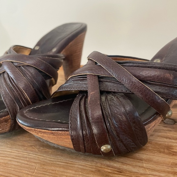 Frye Reese Brown Leather Wood Stacked Heels Sandal Slides Shoes Women’s Sz 9 - Picture 9 of 10